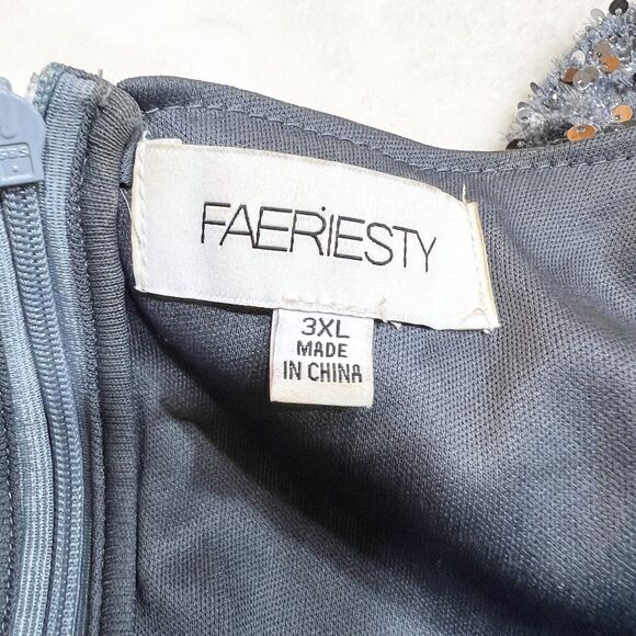 Faeriesty Silver Gray Sequin Formal Gown Bodycon Oversized Ruffle Sleeves Sz 3XL - Picture 7 of 12